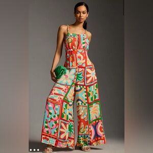 FARM Rio Multi-Color Abstract Maxi Jumpsuit with Beaded Spaghetti Straps Size S